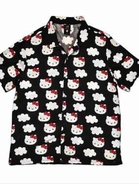 Hello Kitty Button-Up Shirt Mens Size XL Black Cloud Print Casual